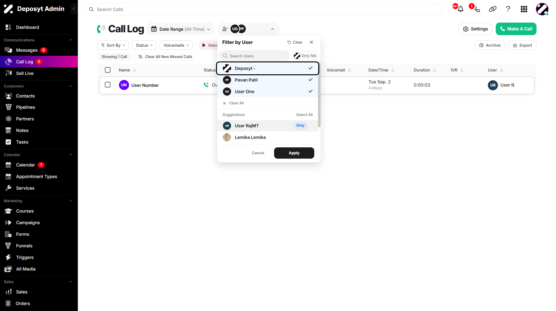 Step 8: You can also select multiple users to filter the Call Log, which allows you to view call activities for all the selected individuals at once.