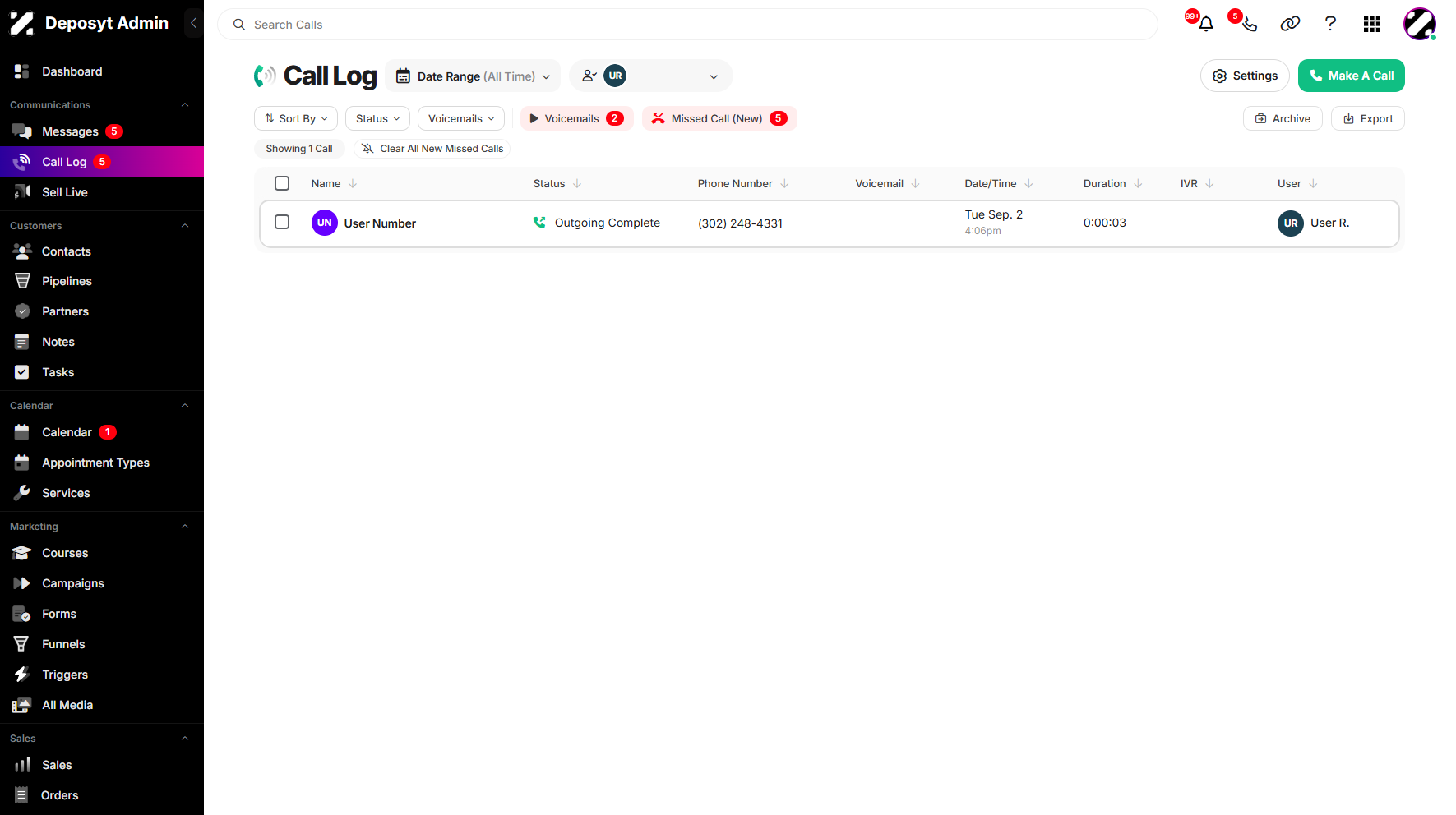 Step 7: This will display only the calls associated with the chosen user, helping you focus on their specific call activities and performance.