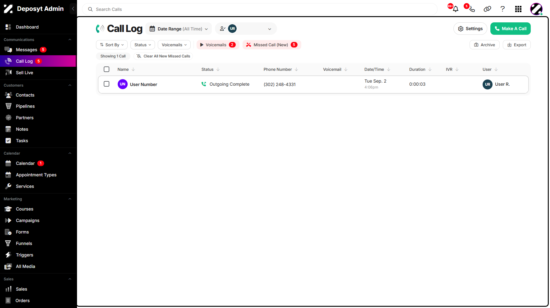 Step 7: This will display only the calls associated with the chosen user, helping you focus on their specific call activities and performance.