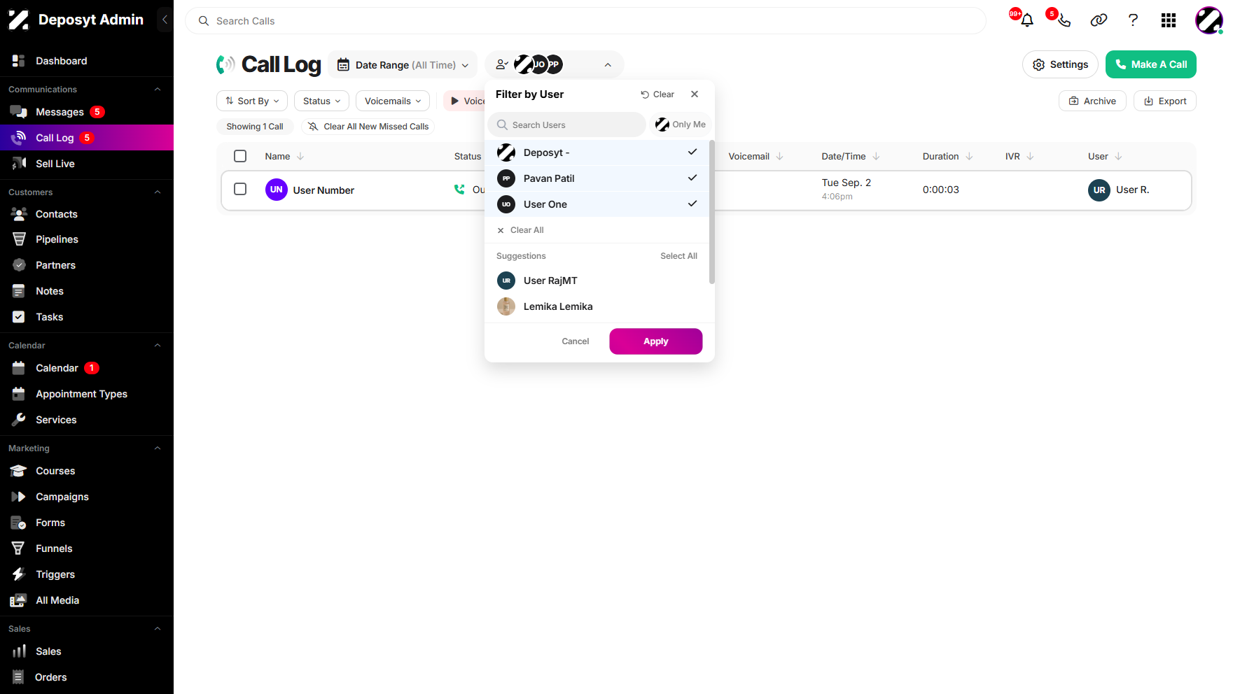 Filtering the Call Log by User