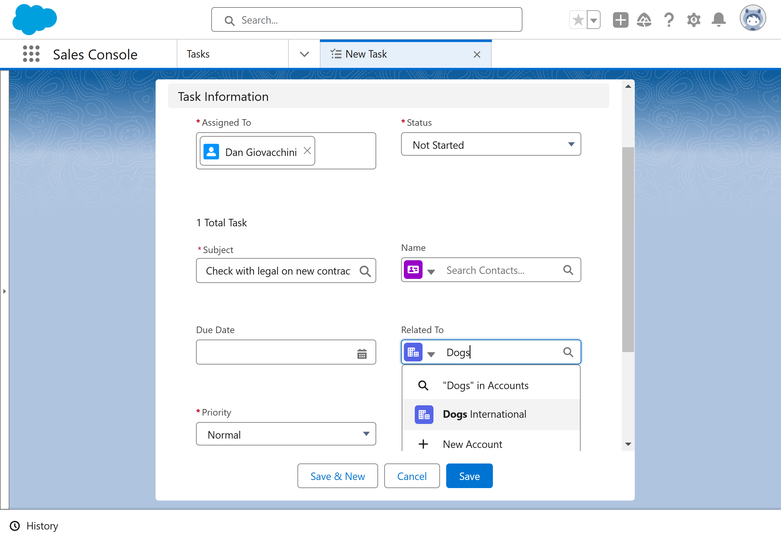 A. Search an account in the Related To field B. Select an option
