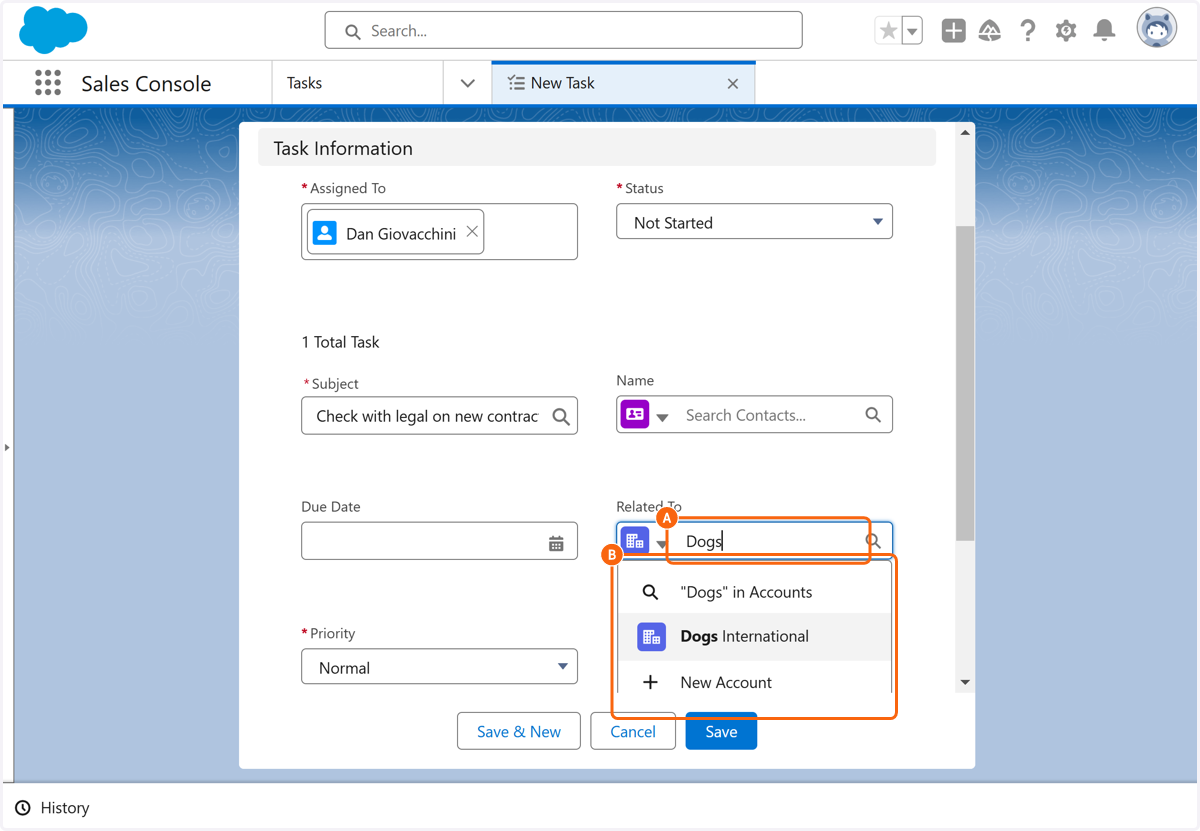 A. Search an account in the Related To field B. Select an option