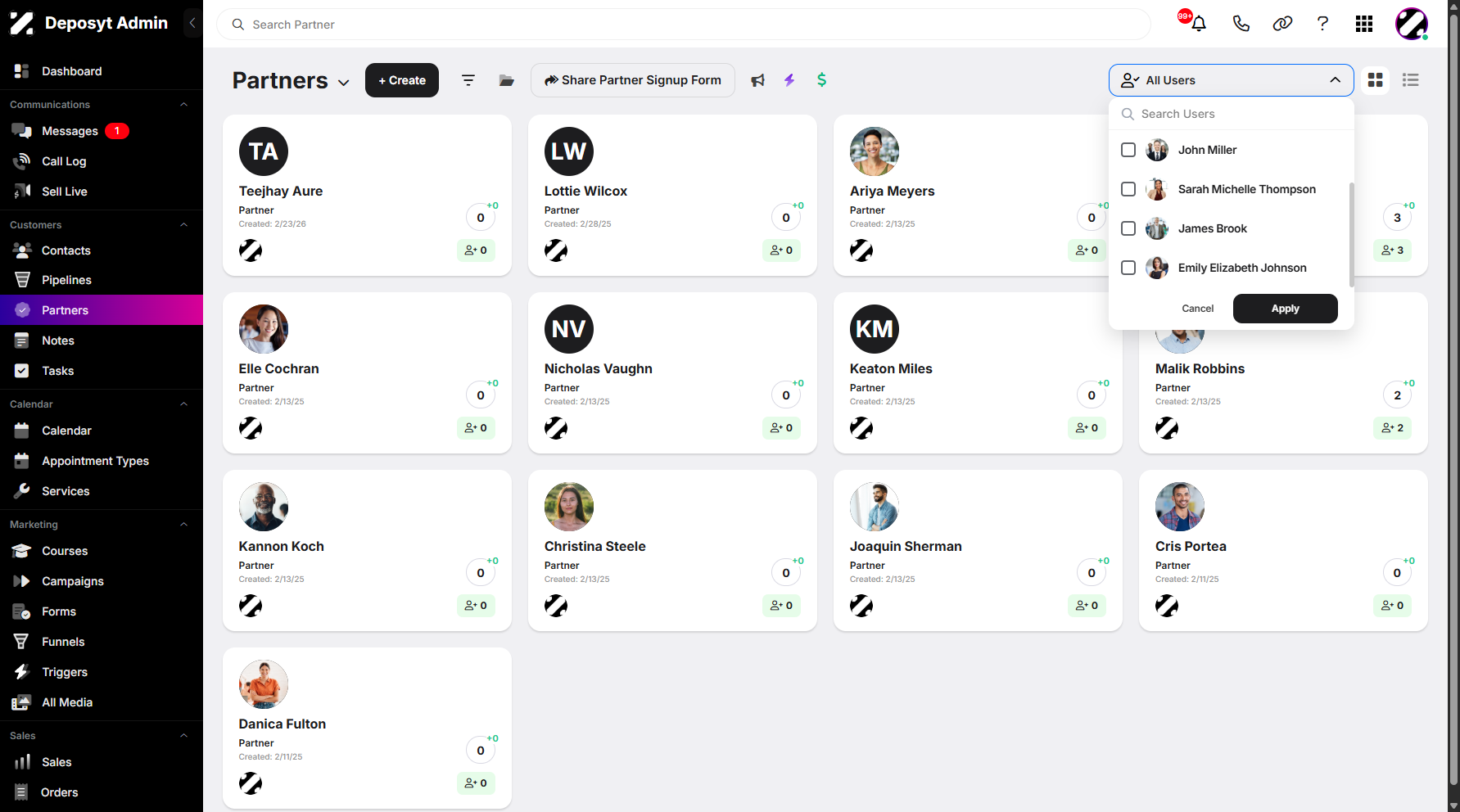 Step 8: You can also click the All Users dropdown menu to filter your partners. Simply select one or more users, then click Apply to view the filtered results.