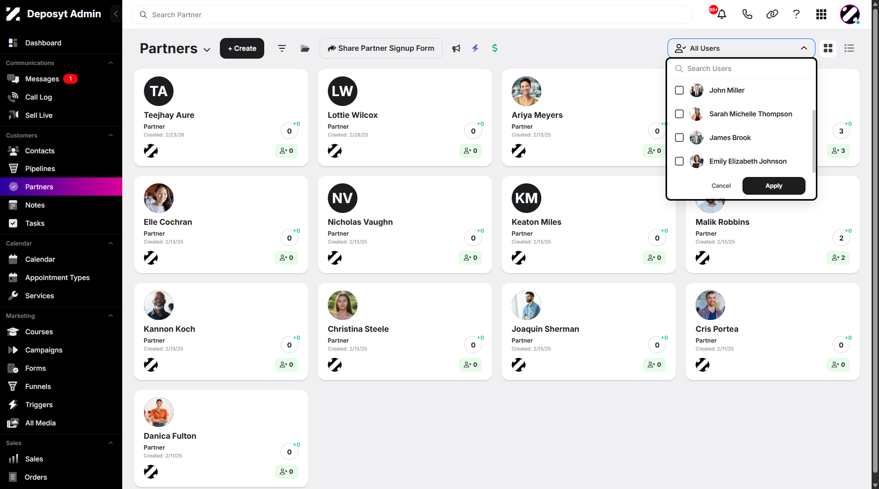 Step 8: You can also click the All Users dropdown menu to filter your partners. Simply select one or more users, then click Apply to view the filtered results.