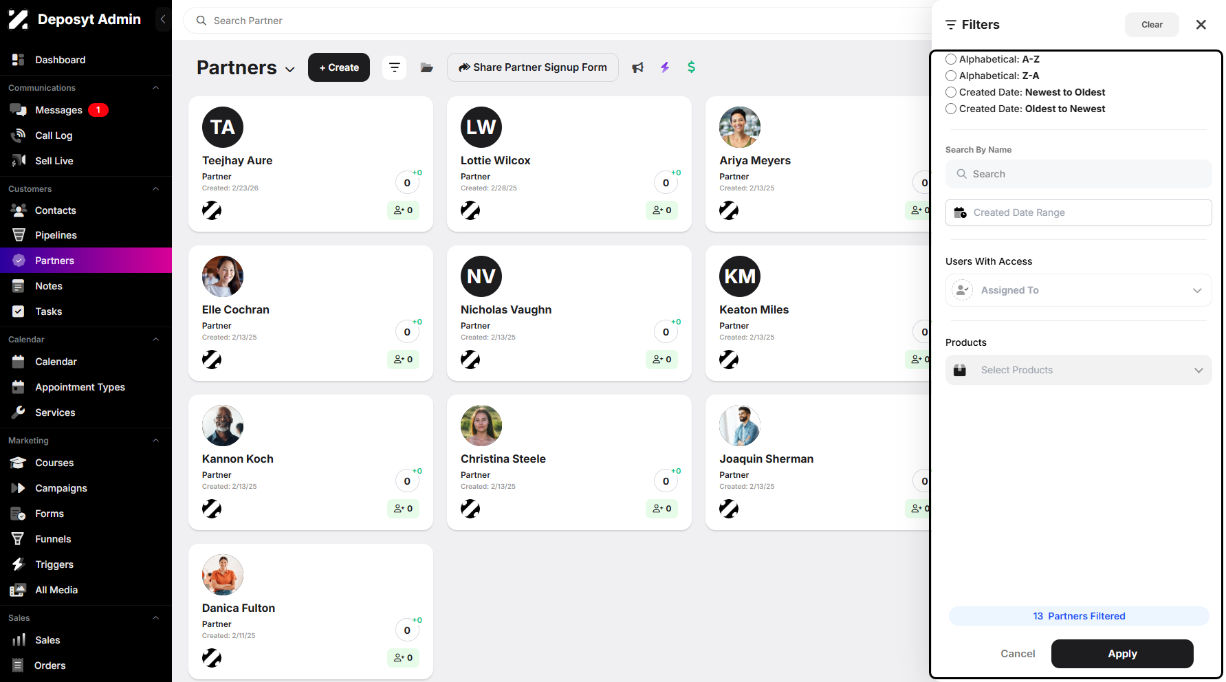 Step 4: A pop-up filter window will appear, allowing you to filter affiliates alphabetically or search by name. You can also filter by a specific date range, by assigned user, or by product.