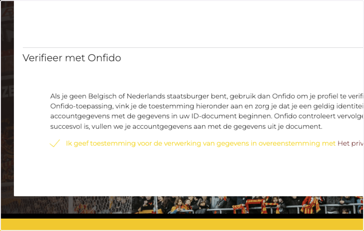 Kies je voor Onfido? Geef dan eerst toestemming voor de verwerking van je gegevens door een vinkje te geven.