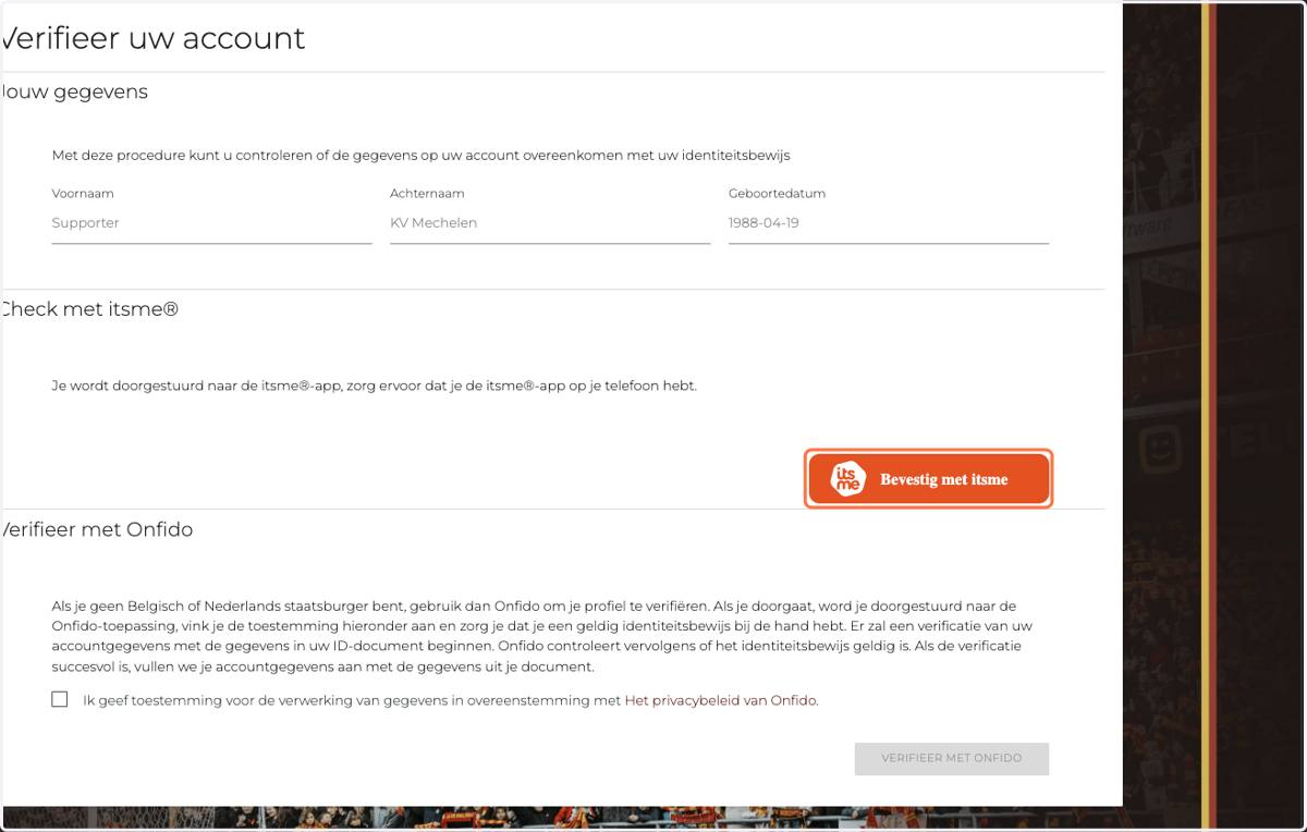 Op de volgende pagina kan je kiezen voor verificatie via Itsme of Onfido.