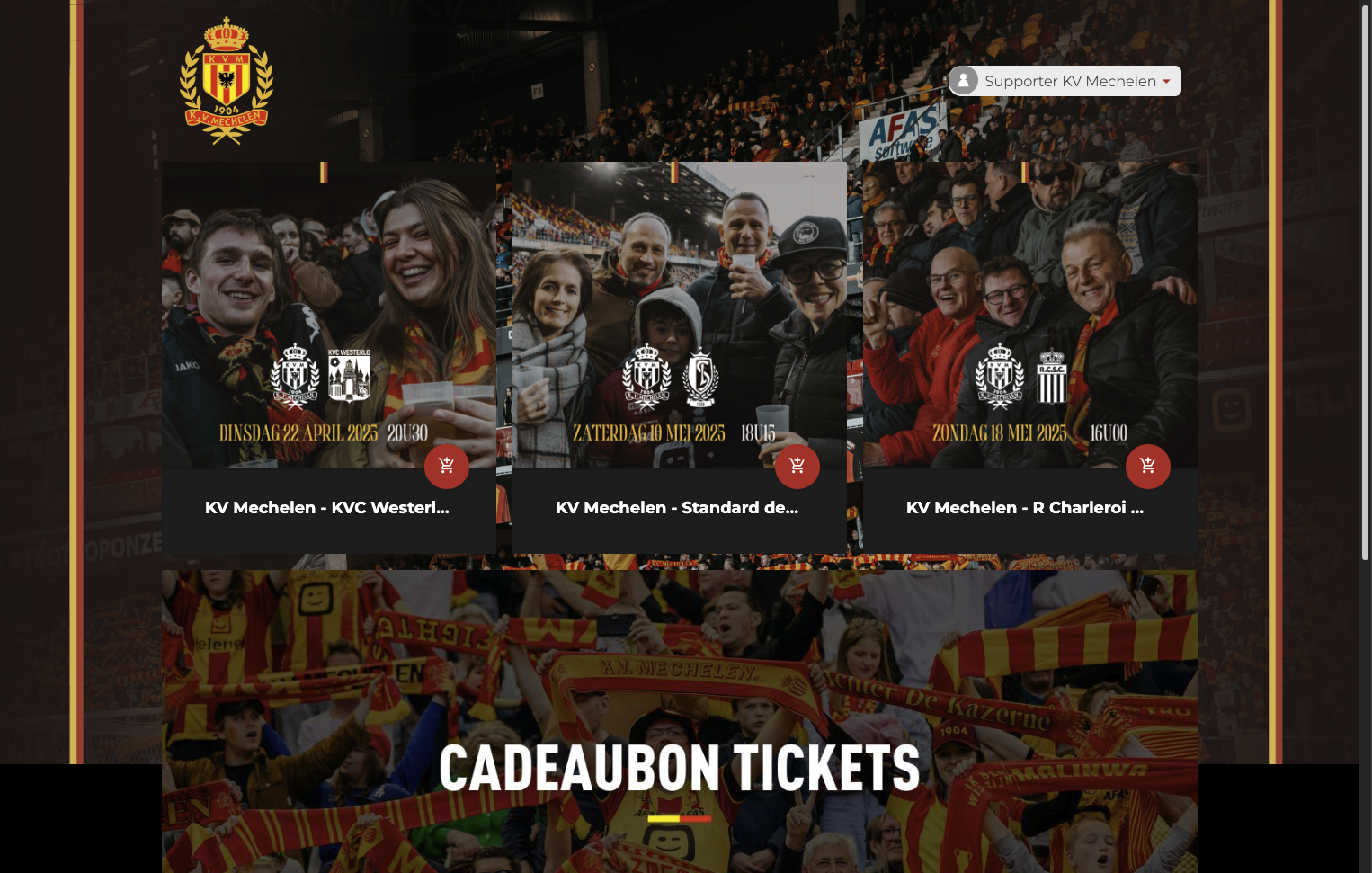 Eens terug op tickets.kvmechelen.be klik je rechtsboven op je naam.