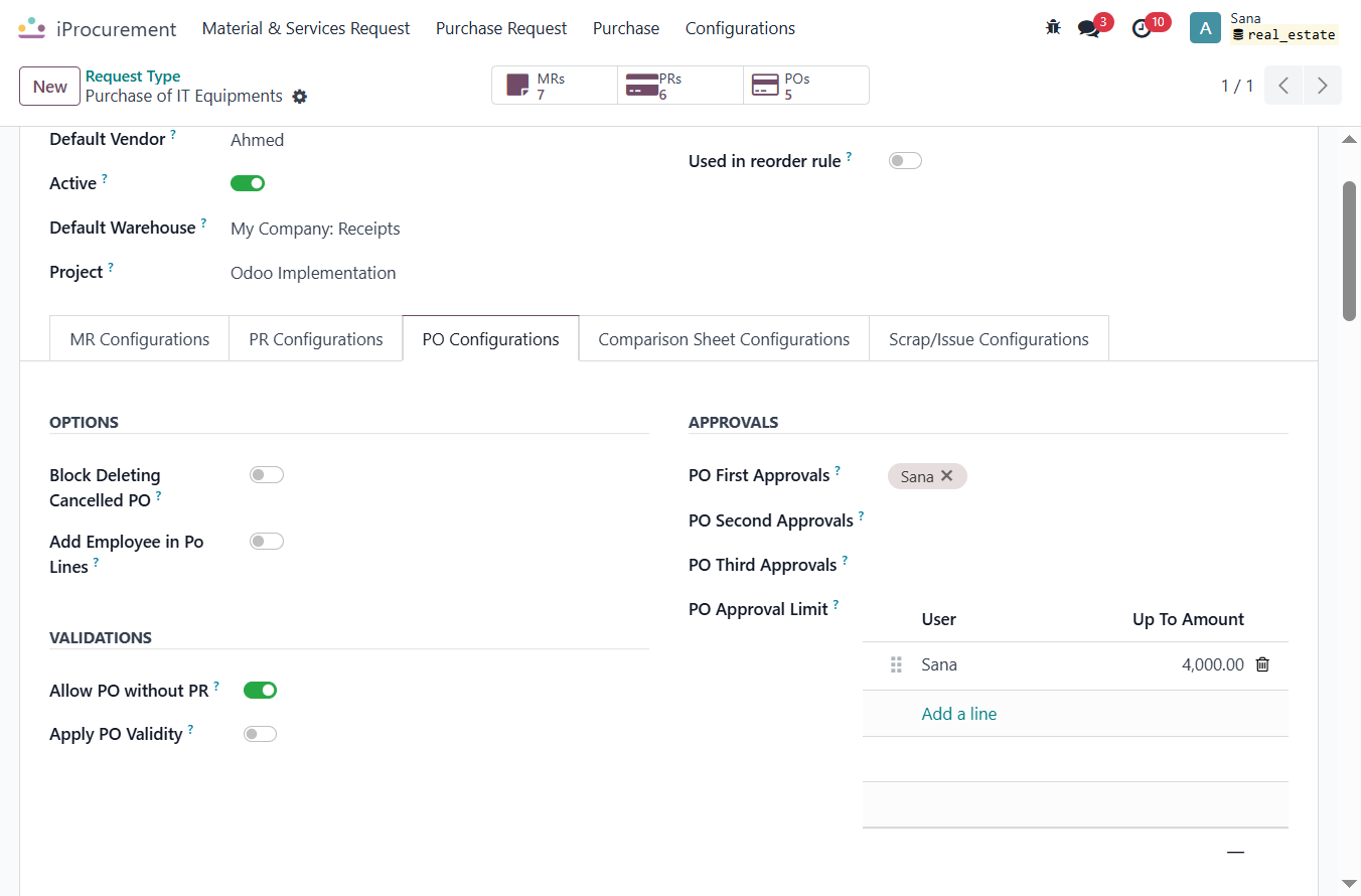 Click on OPTIONS… and Select the configuration and enable or disable the blocking of the Po and If you want to add an employee in odoo you can also add in this menu