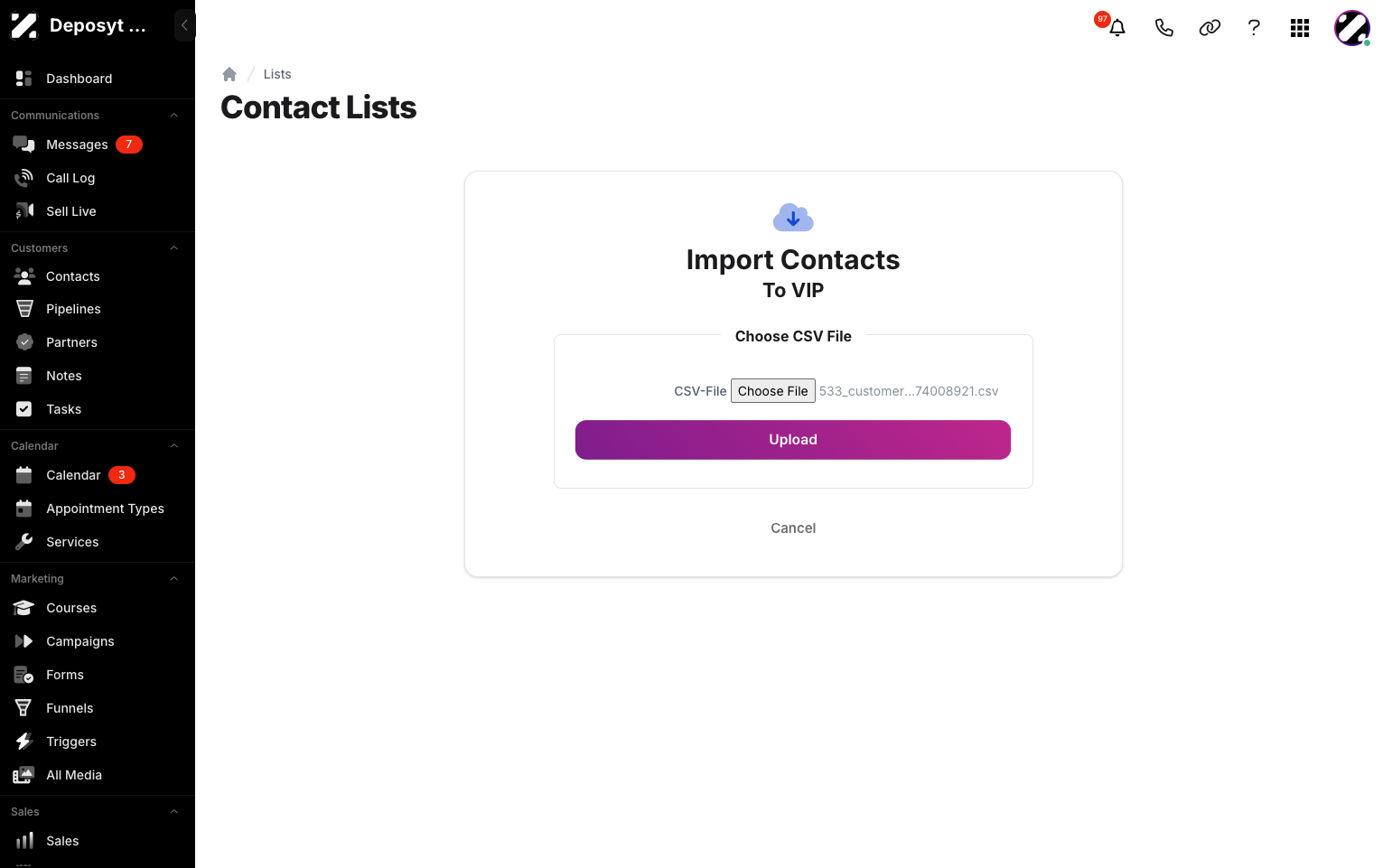Step 7: Choose your CSV file and click the Upload button.