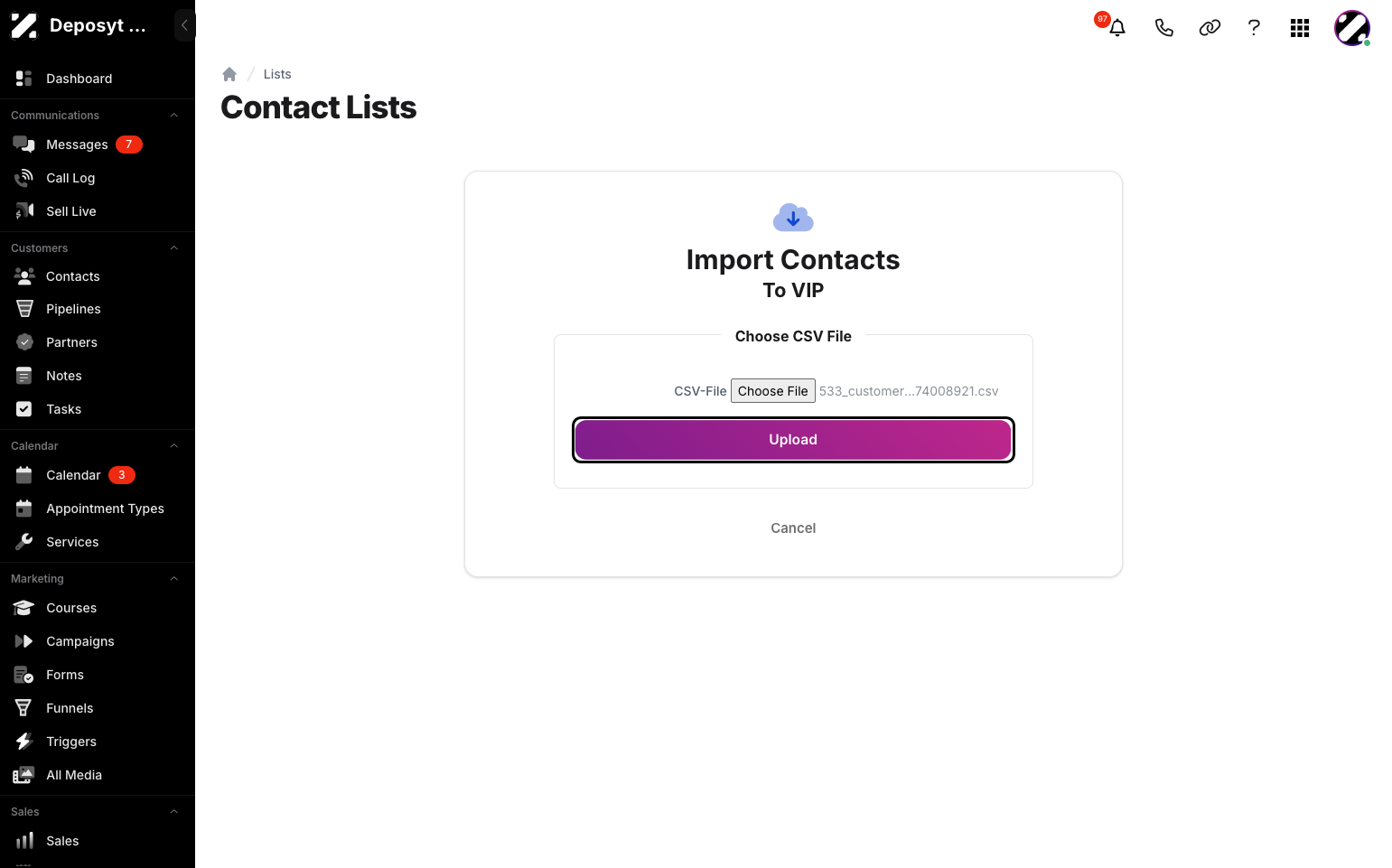 Step 7: Choose your CSV file and click the Upload button.