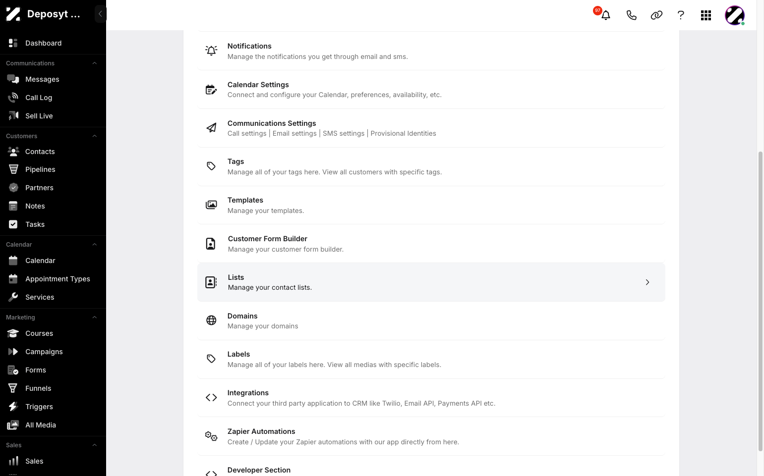 Step 3: You will then be taken to the Settings page. Click on Lists to continue.
