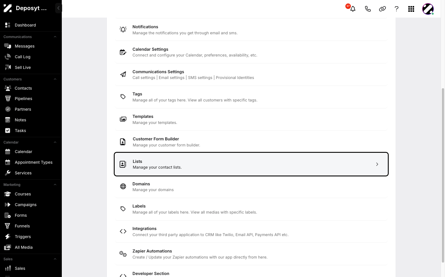 Step 3: You will then be taken to the Settings page. Click on Lists to continue.