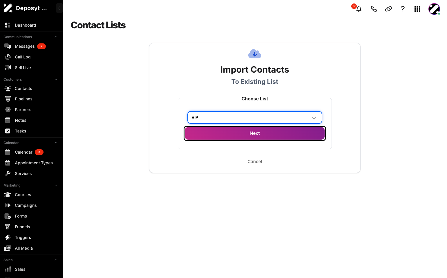 Step 6: Choose a list, then click Next.
