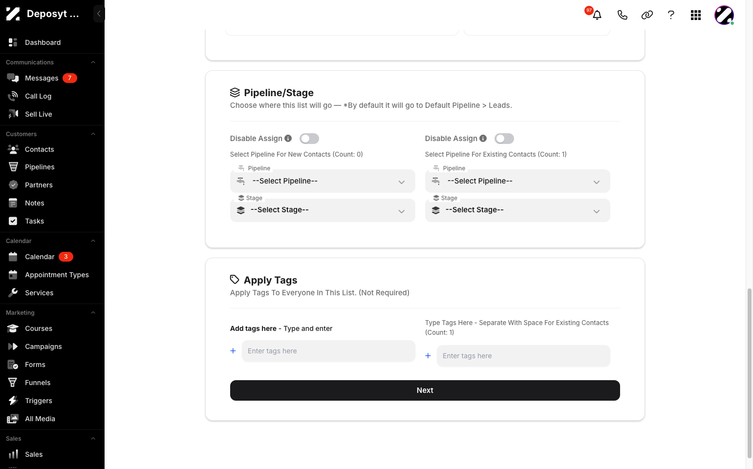 Step 11: You can also choose which pipeline stage the list will be assigned to.