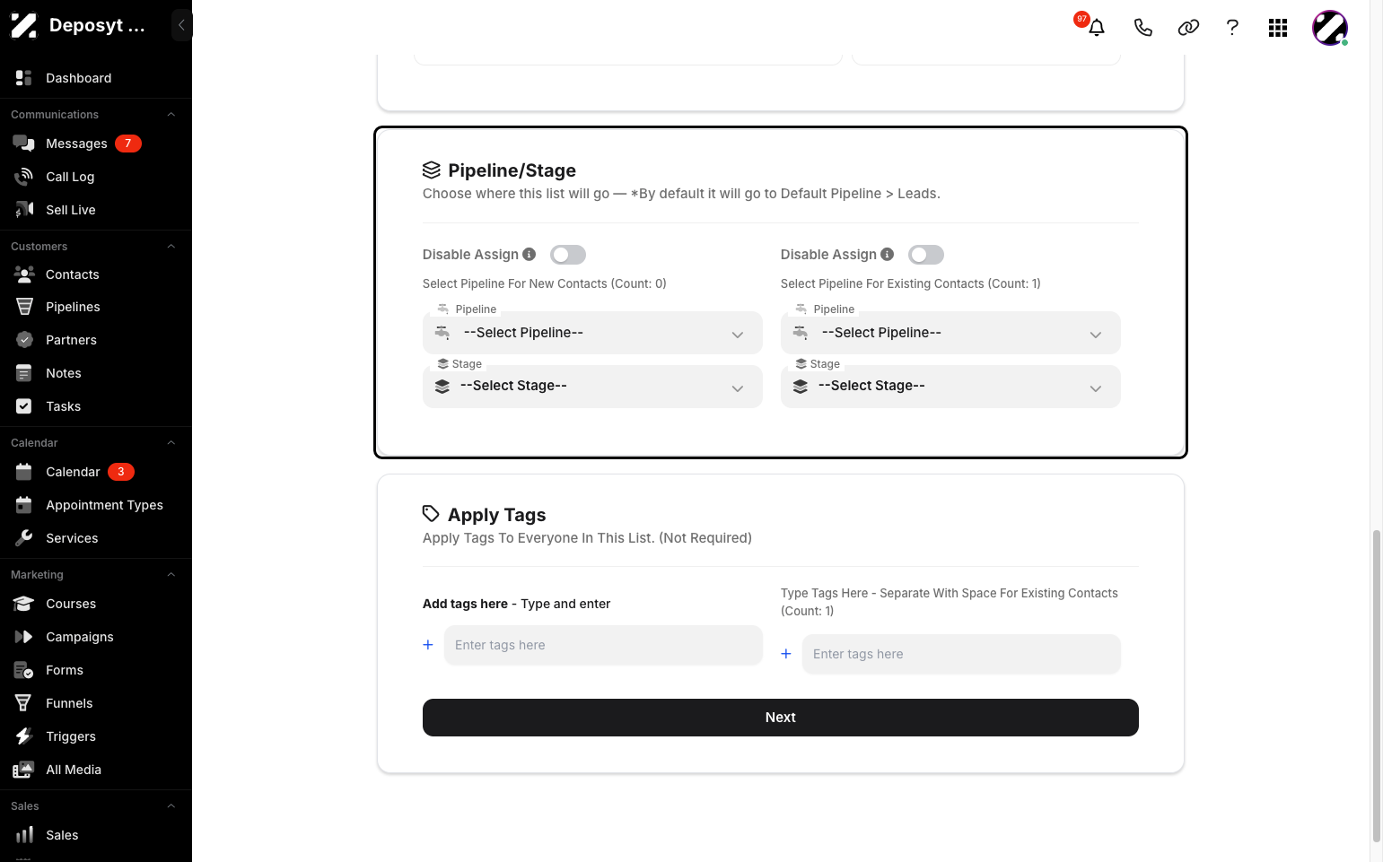 Step 11: You can also choose which pipeline stage the list will be assigned to.