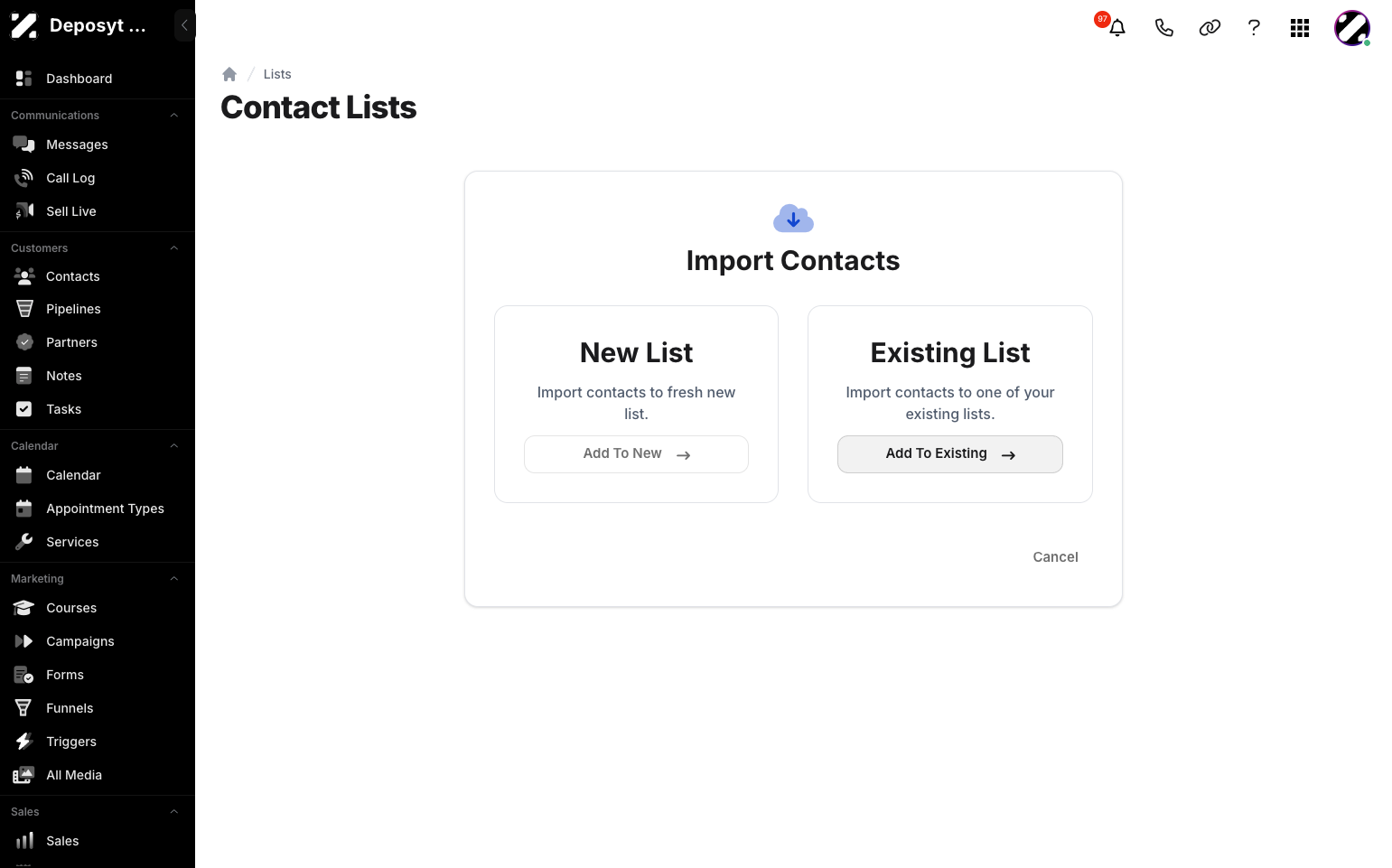 Step 5: To import contacts to an existing list , click the add to existing button below the existing list.