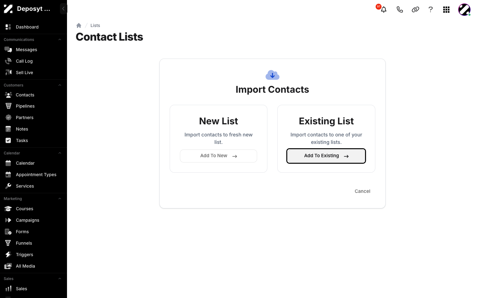 Step 5: To import contacts to an existing list , click the add to existing button below the existing list.
