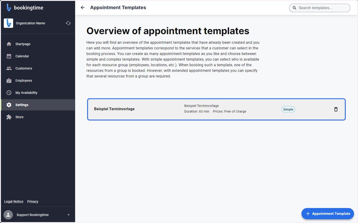 Click on the appointment template