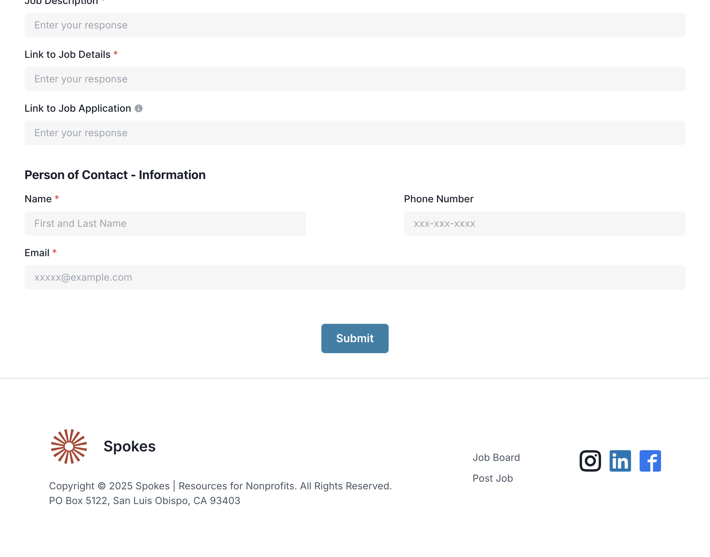 Once you click Submit your Listing is ready for review! Spokes Admin will approve it as soon as possible. If you have any questions view this site https://www.spokesfornonprofits.org/contact-us/