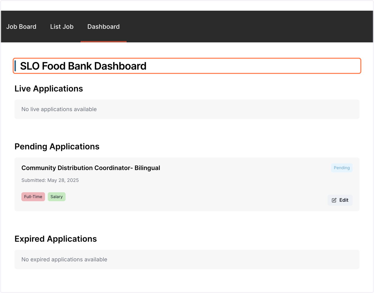 This is the Dashboard for your Organization. Here you can manage what jobs you posted. You can view the status (Pending approval, Live, and Expired).