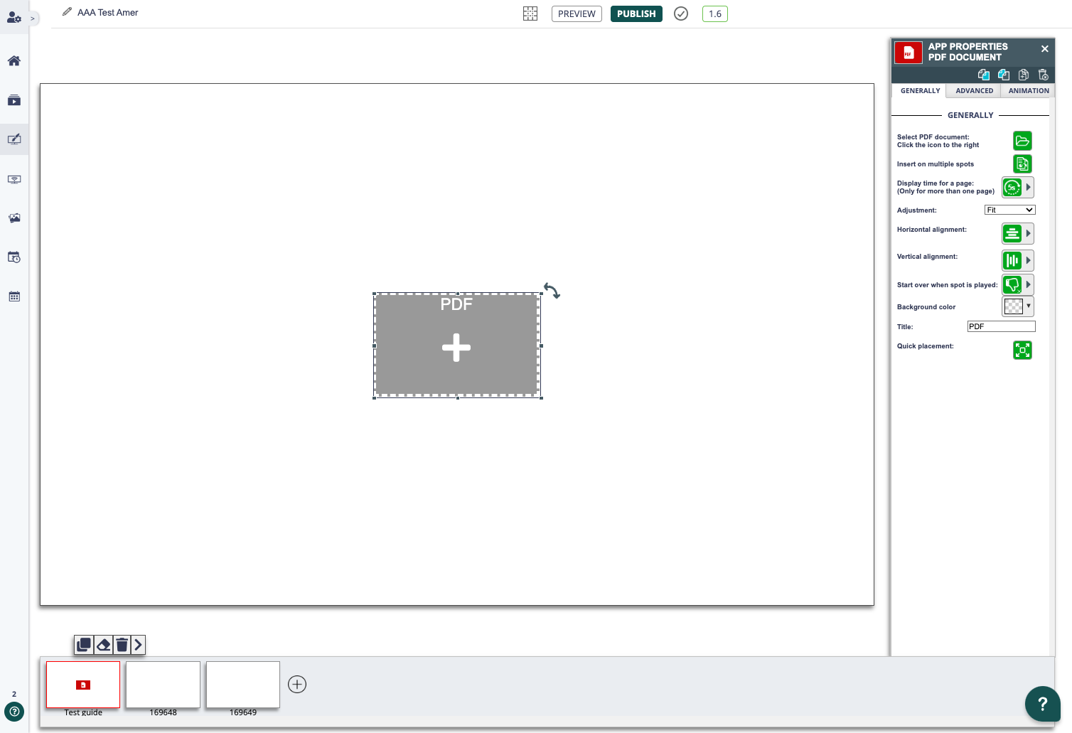 Content management system interface with PDF document app selected, settings panel open for customization of display and alignment options.