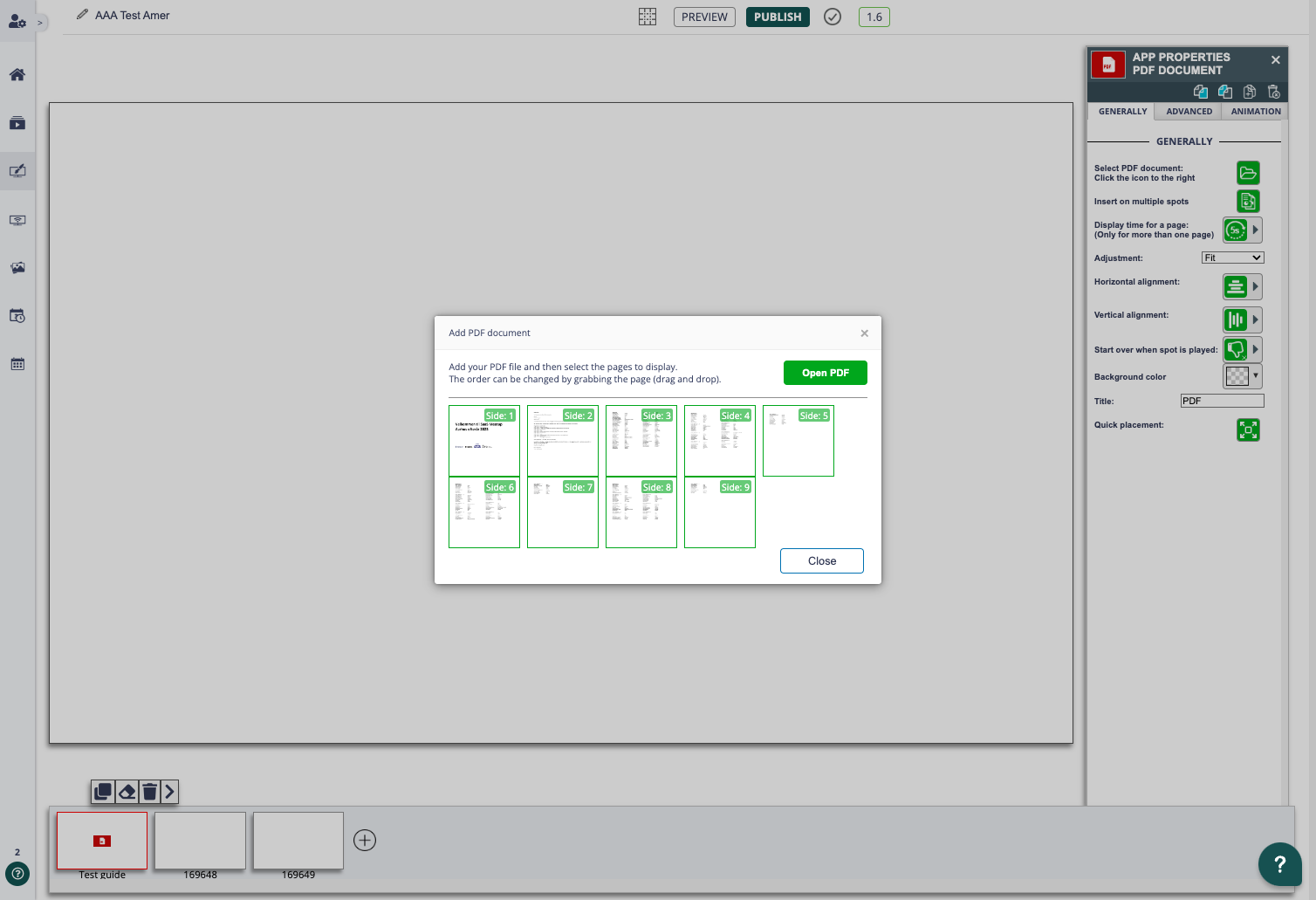 Dialog box for adding a PDF document showing thumbnails of nine selectable pages and an 'Open PDF' button for uploading files.