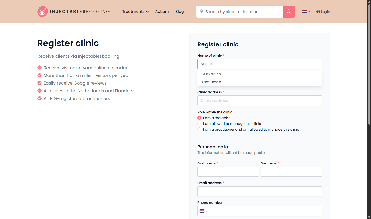 The entered clinic will be displayed below. De ingevoerde kliniek wordt hieronder weergegeven.