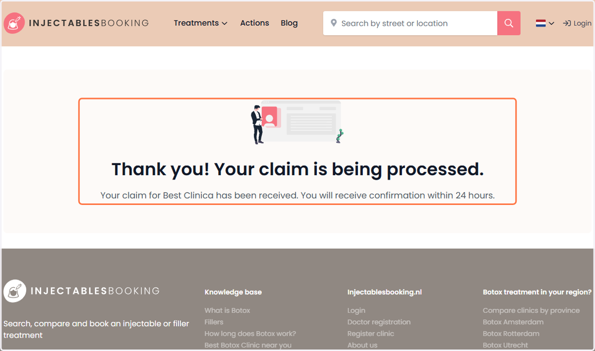 Once the clinic has been claimed, proceed to the next step. Zodra de kliniek is geclaimd, ga je door naar de volgende stap.