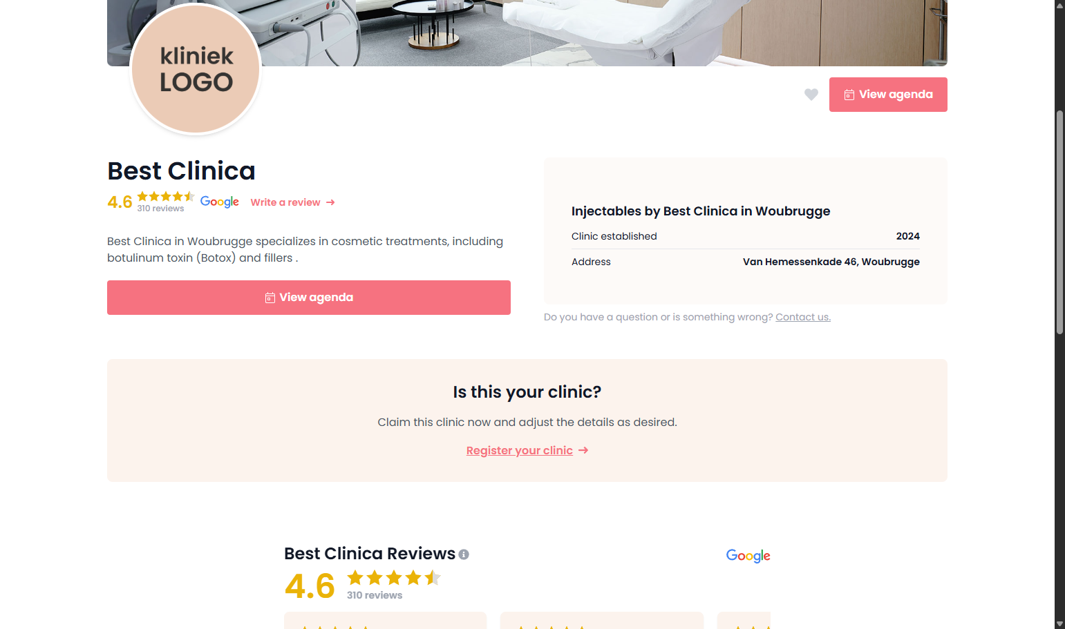 Click on ‘Register your clinic’. Klik op 'Registreer je kliniek'.