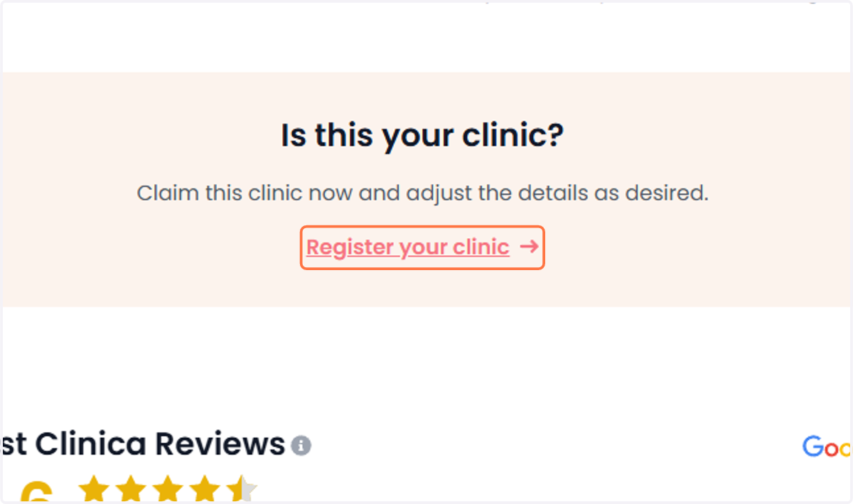 Click on ‘Register your clinic’. Klik op 'Registreer je kliniek'.
