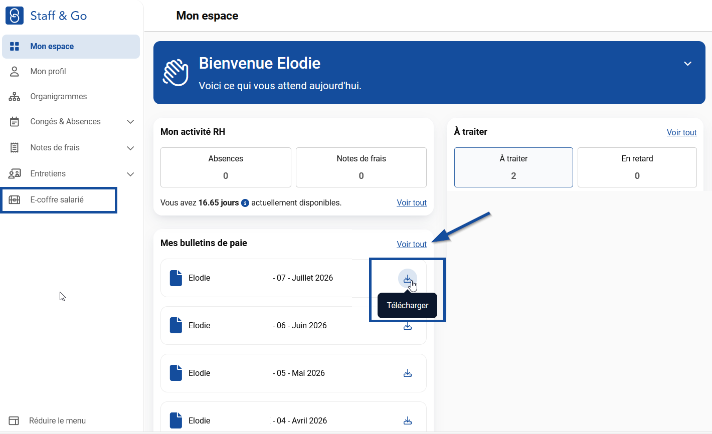 Cliquer sur le module E-coffre salarié.