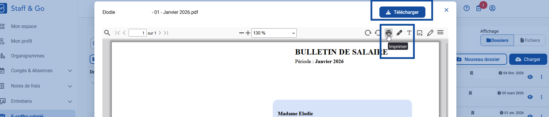 Le bulletin s'affiche et il est alors possible de le télécharger ou de l'imprimer via le bouton imprimante.