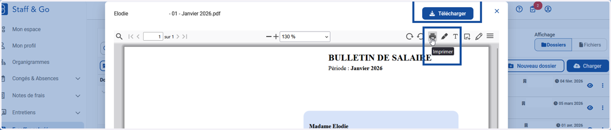 Le bulletin s'affiche et il est alors possible de le télécharger ou de l'imprimer via le bouton imprimante.
