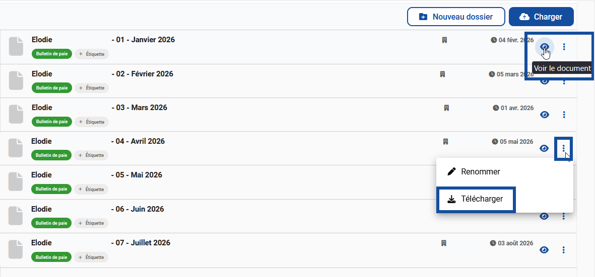 Depuis la liste des bulletins, il est possible de "Voir le document" ou de "Télécharger" le bulletin directement.