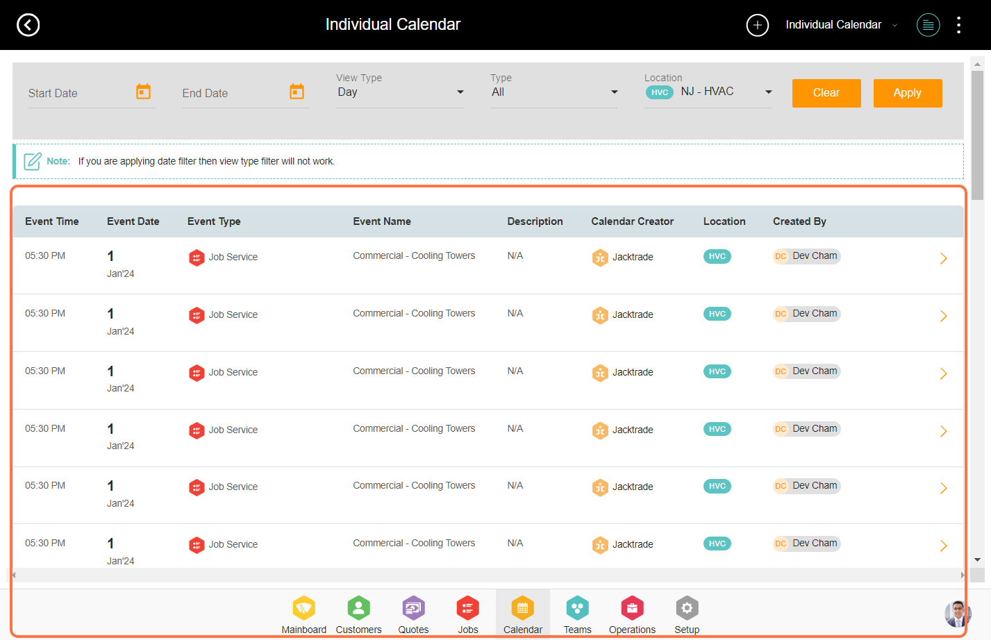 Click on Event Time	Event Date	Event Type	Event Name	Description	Calendar Creator	Location	Created By	…