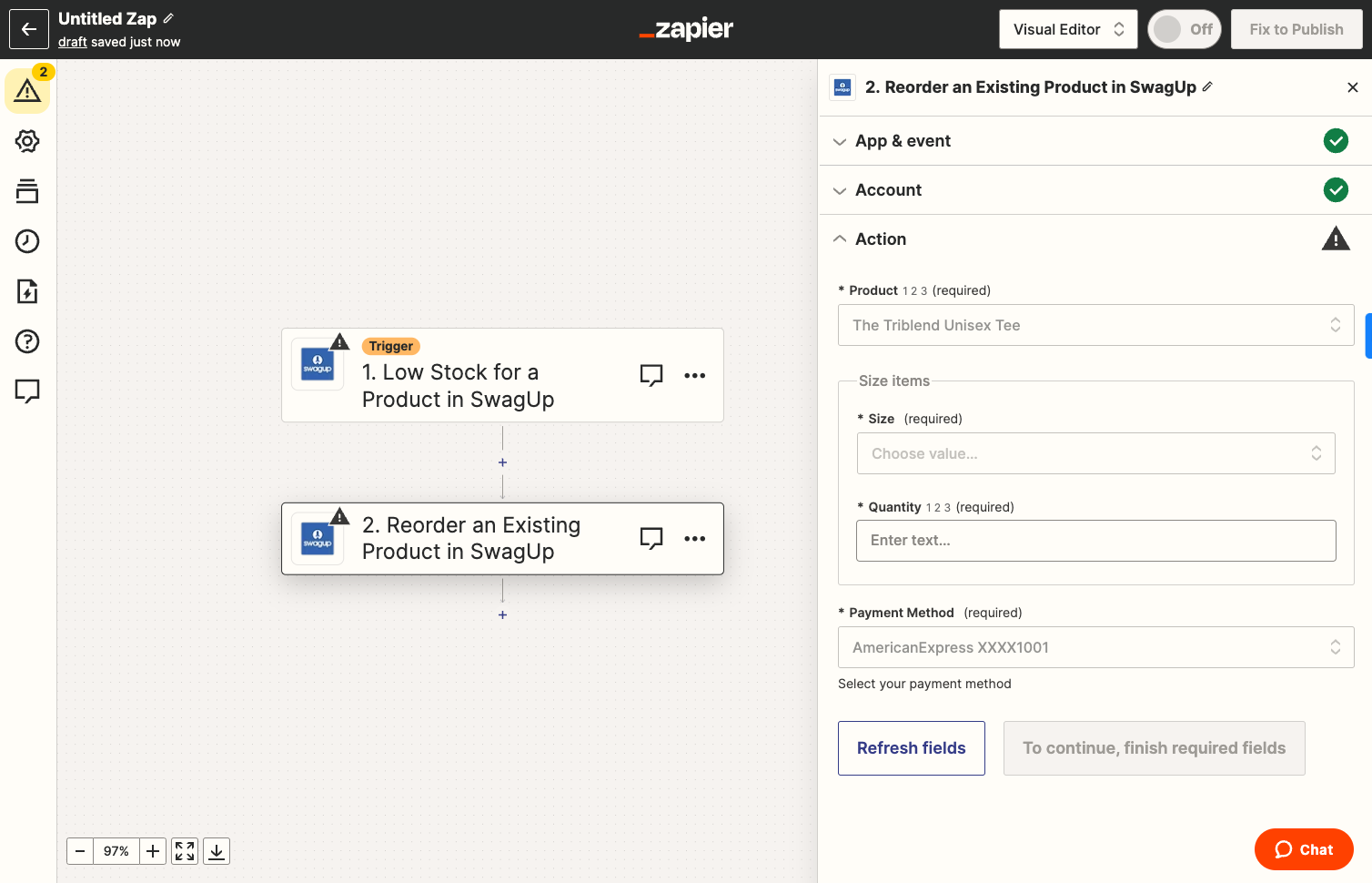 Fill out all required fields for the item you are restocking as well as the Payment Method to use for your order