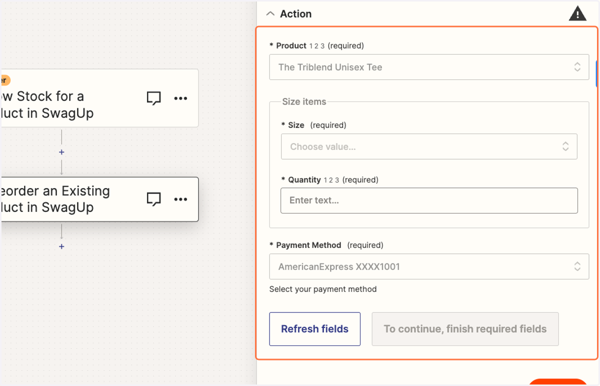 Fill out all required fields for the item you are restocking as well as the Payment Method to use for your order