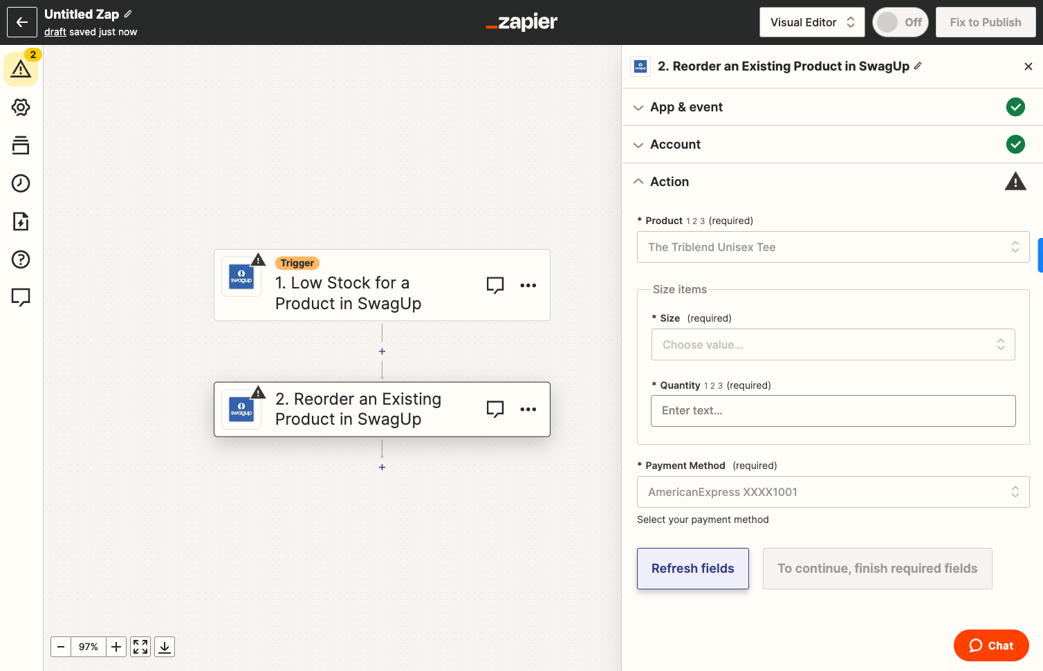 Click on Refresh fields and Continue to begin using your Zap