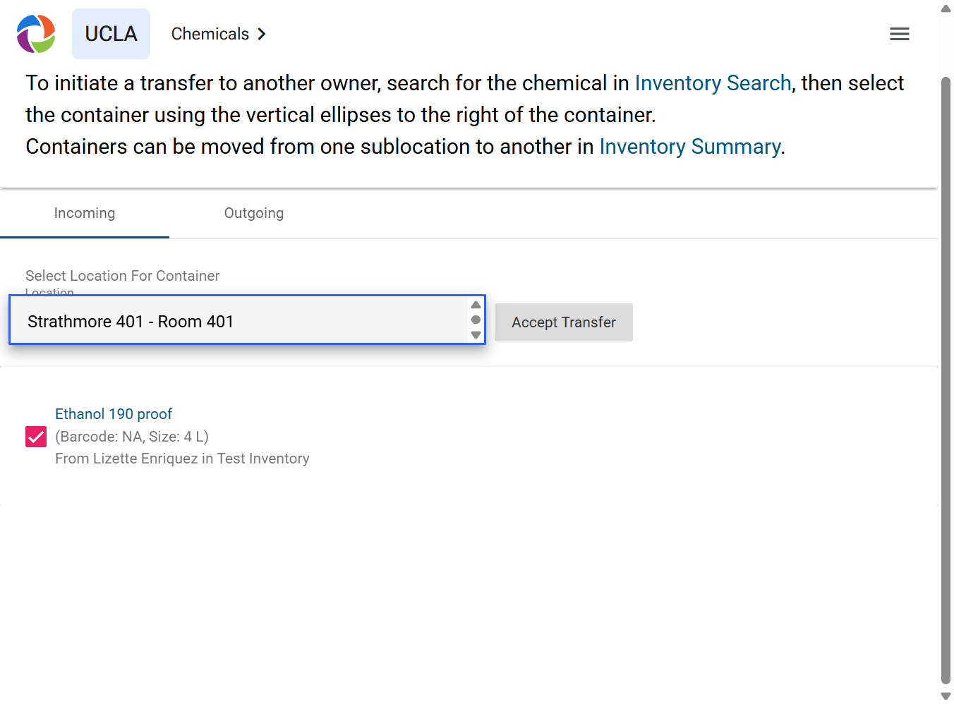 Select the sublocation in which the chemical will be stored in