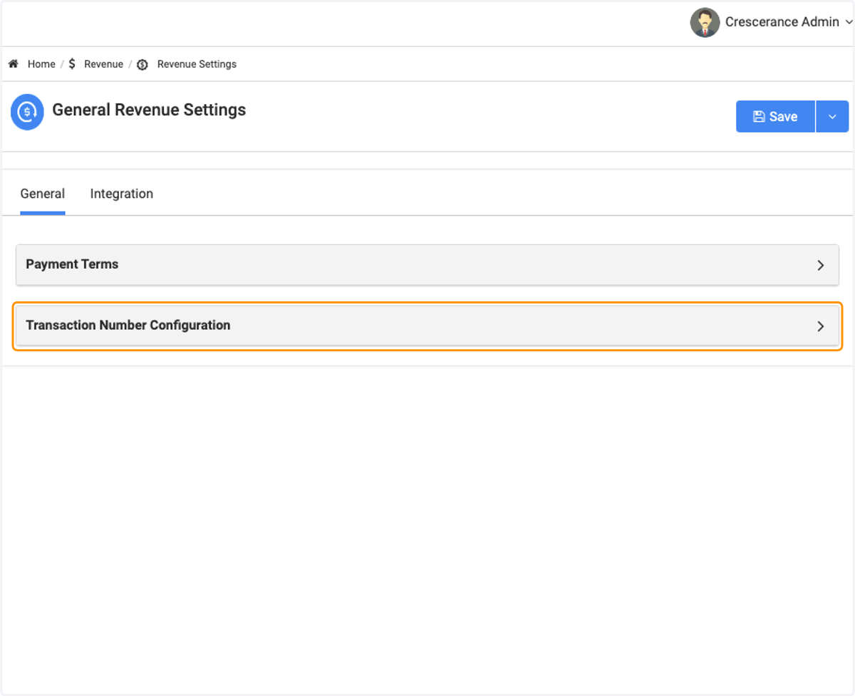 Click on Transaction Number Configuration