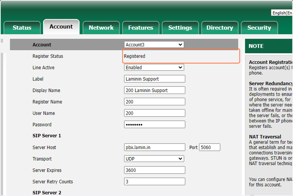 After a few seconds the Register Status should change to Registered