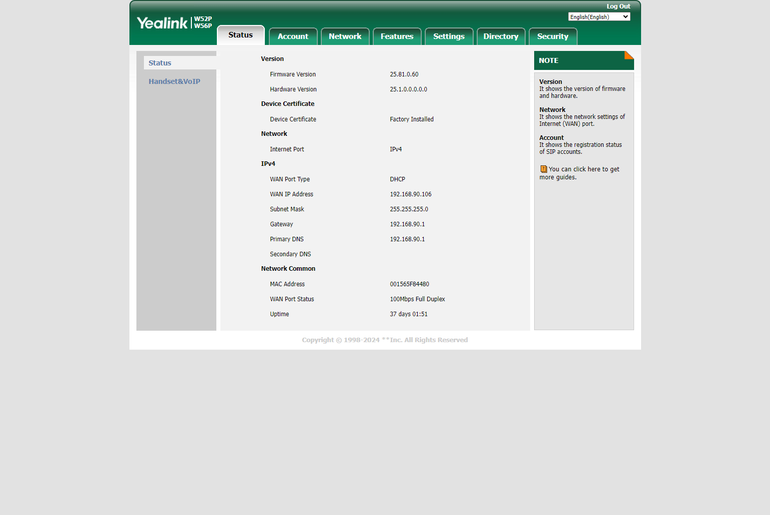 Click on the Status tab and then on Handset&VoIP