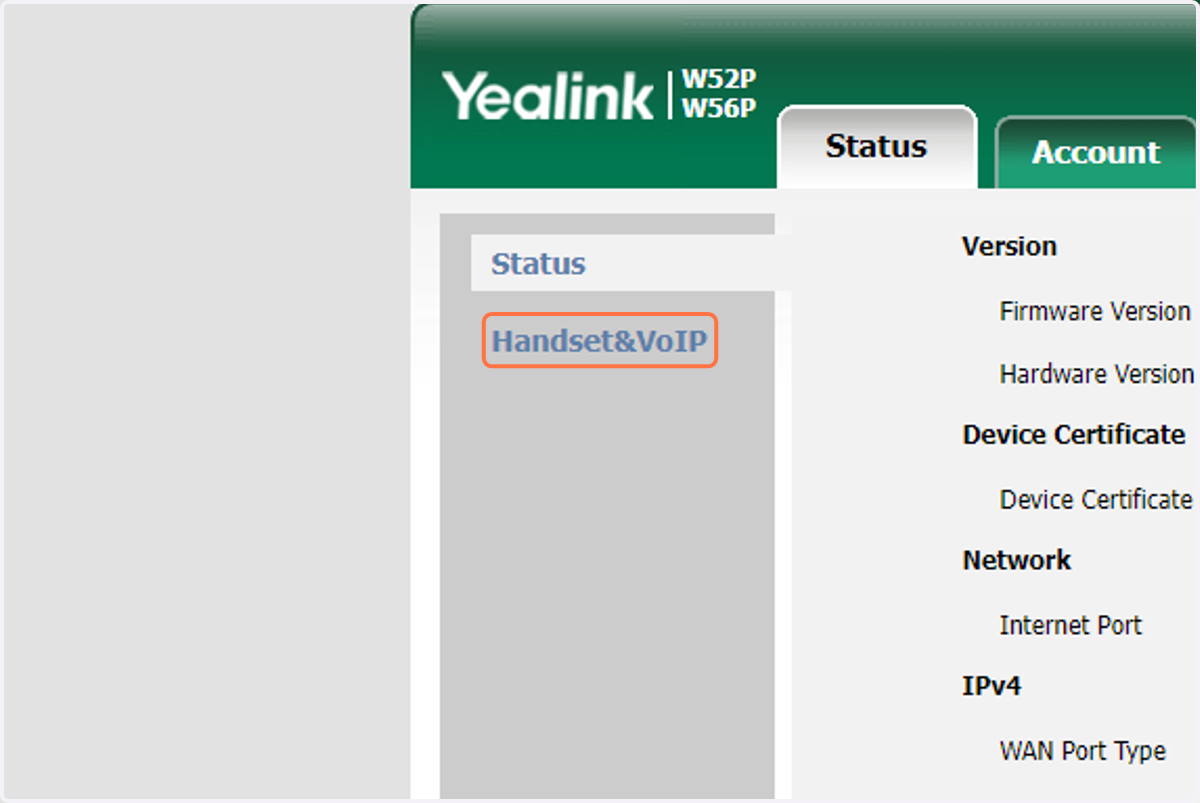 Click on the Status tab and then on Handset&VoIP