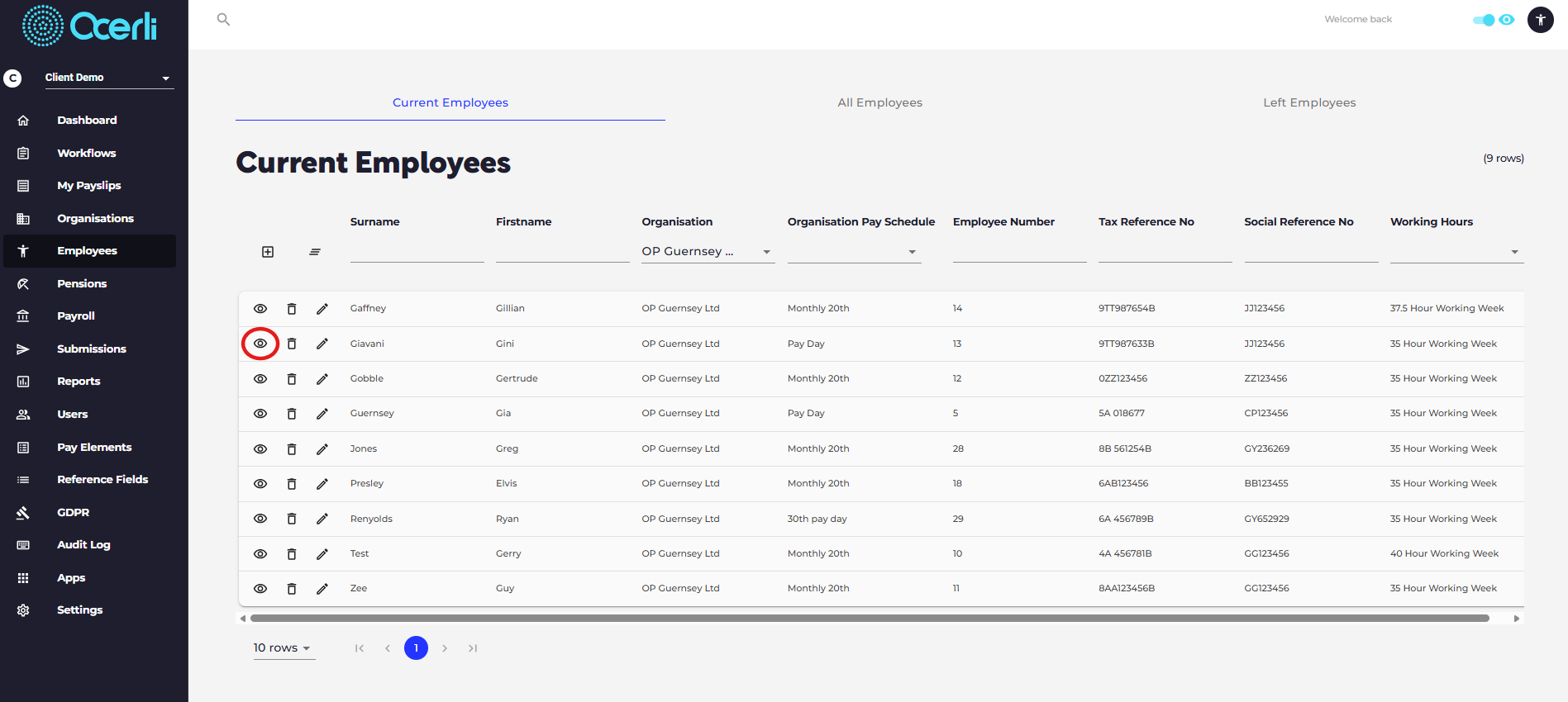 Click the eye icon next to the employee record you wish to update.