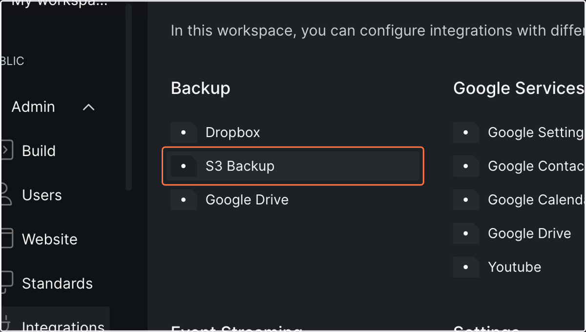 Click on S3 Backup