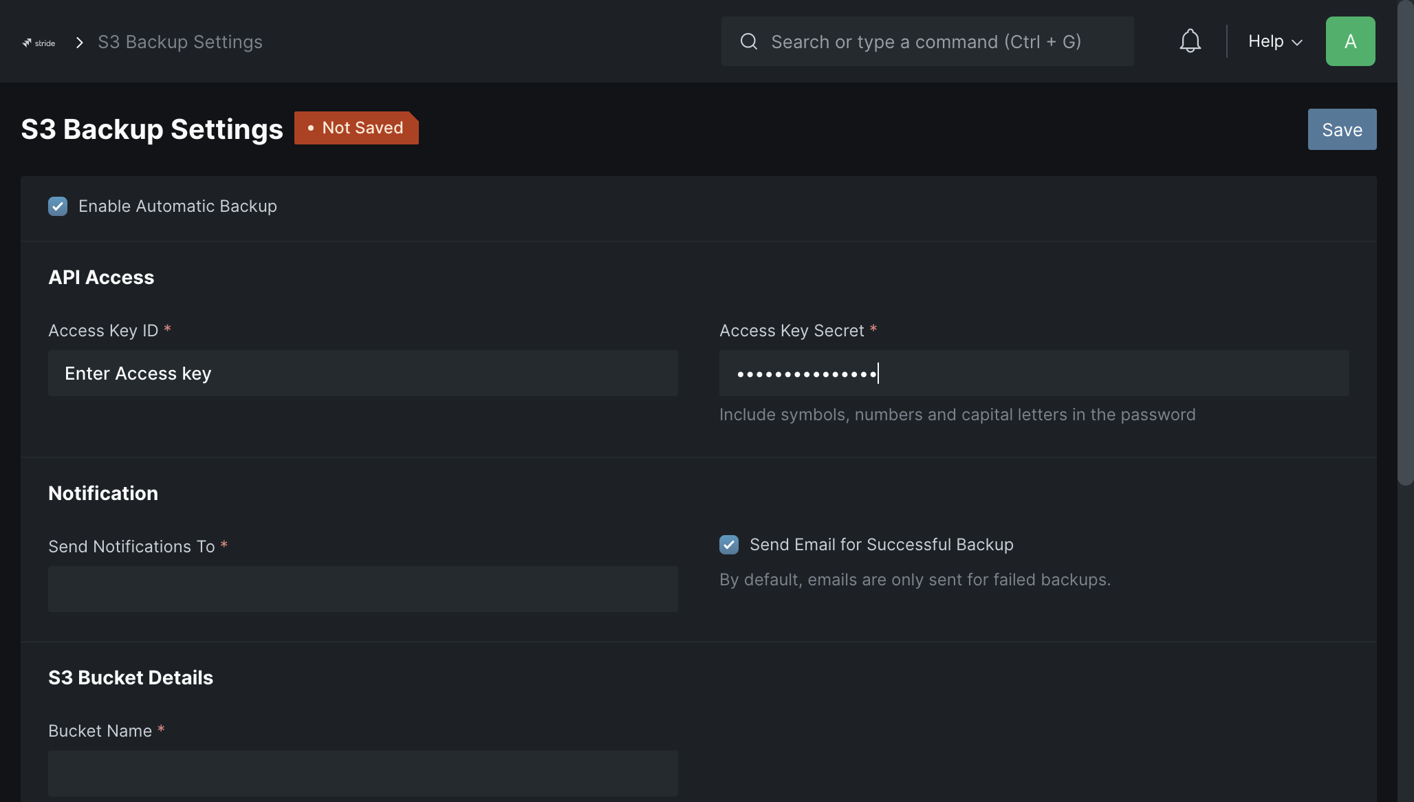 Enter Access Key Secret