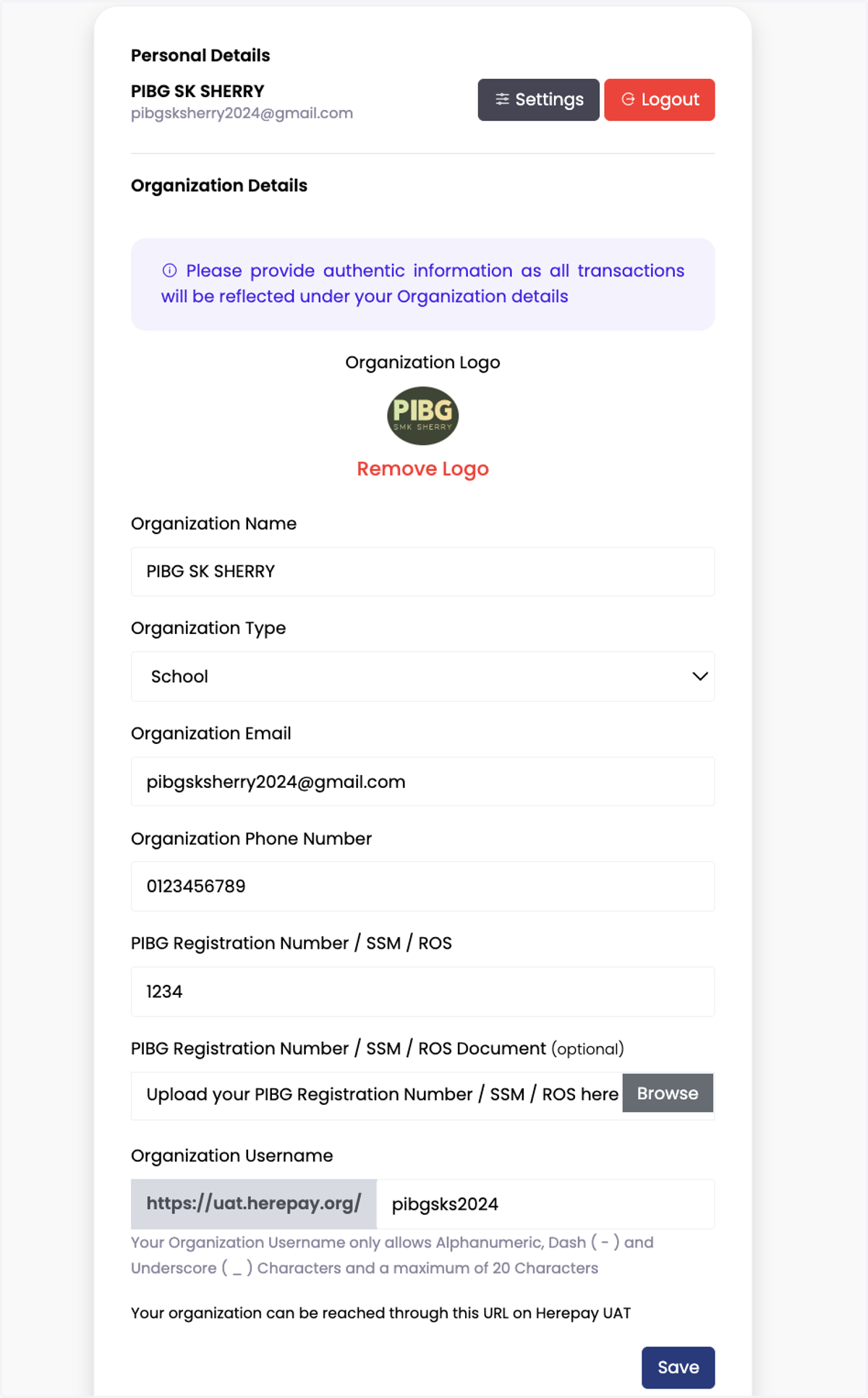 Lengkapkan pendaftaran dengan isi detail Organisasi/PIBG seperti logo/nama organisasi/email/no telefon/no pendaftaran/username organisasi