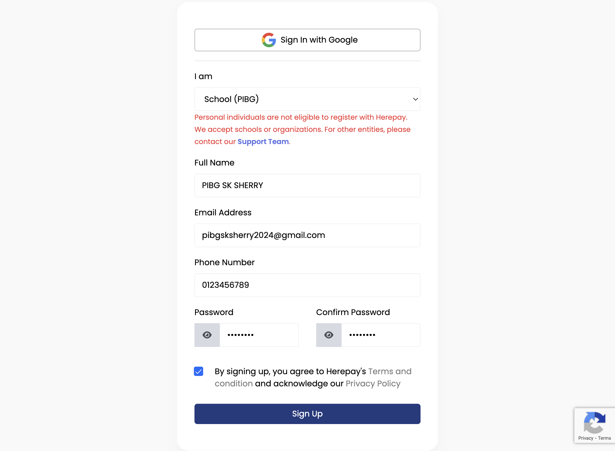 Klik "By signing up, you agree to Herepay's Terms and condition and acknowledge our Privacy Policy"