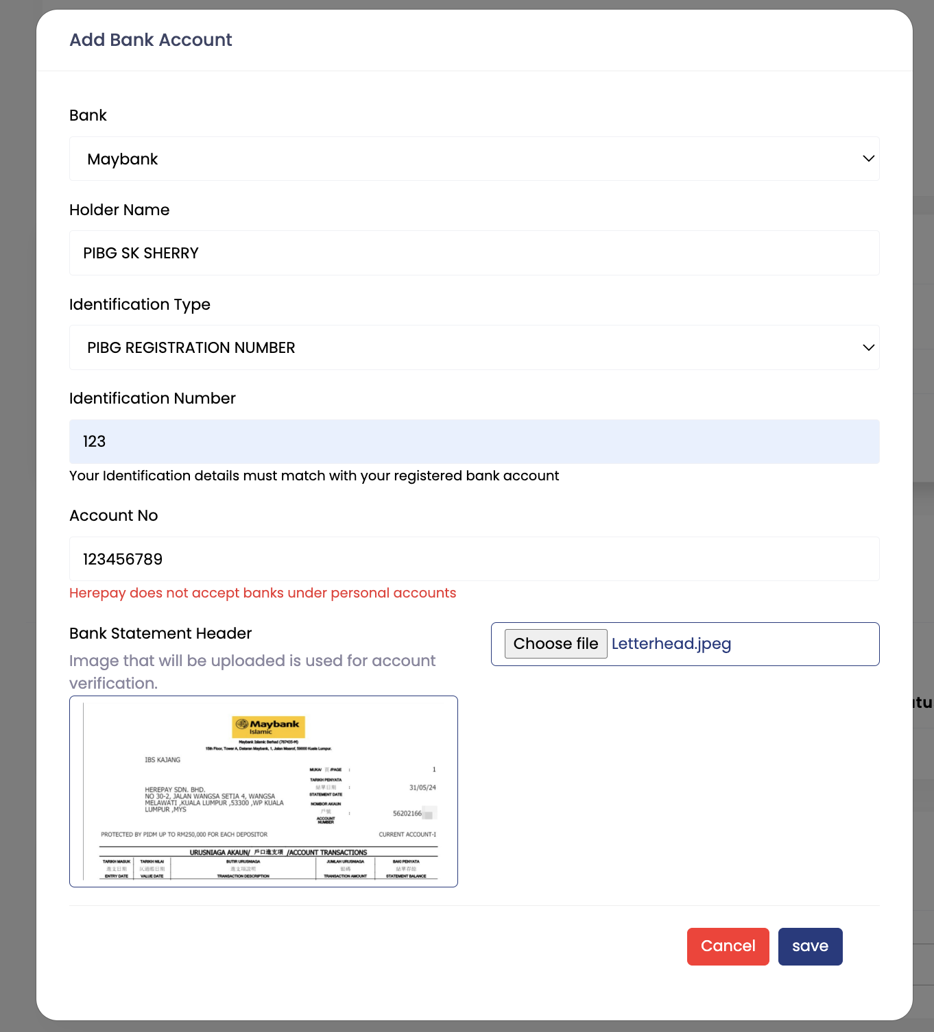 Isi detail bank Organisasi/PIBG seperti Bank/Holder Name/Identification Type/Identification Number/Account No/Letterhead Bank Statement